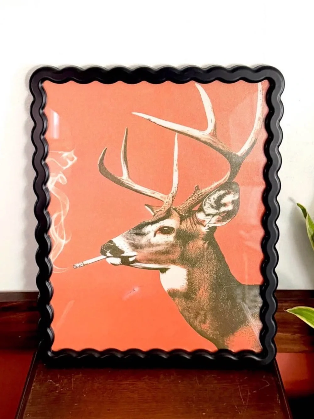 Buck Smoking a Cigarette Deer Vintage Style Canvas Art Print Wavy Black Frame